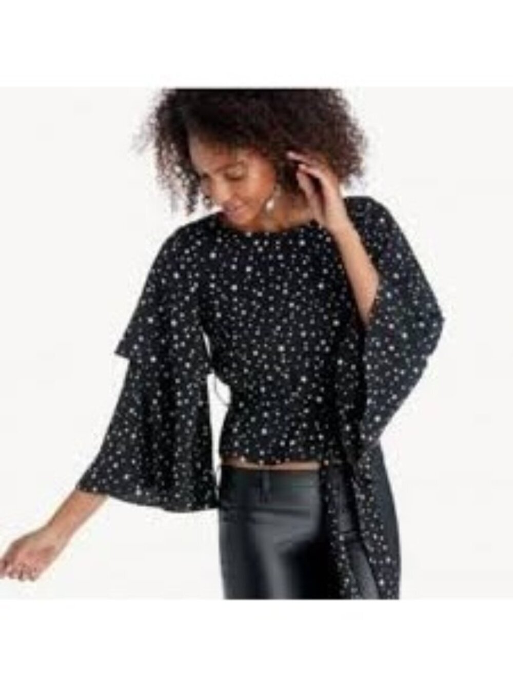 J.O.A. Women's PJ.O.A. Black Ruffle Bell Sleece Star Print Blouse  Size M